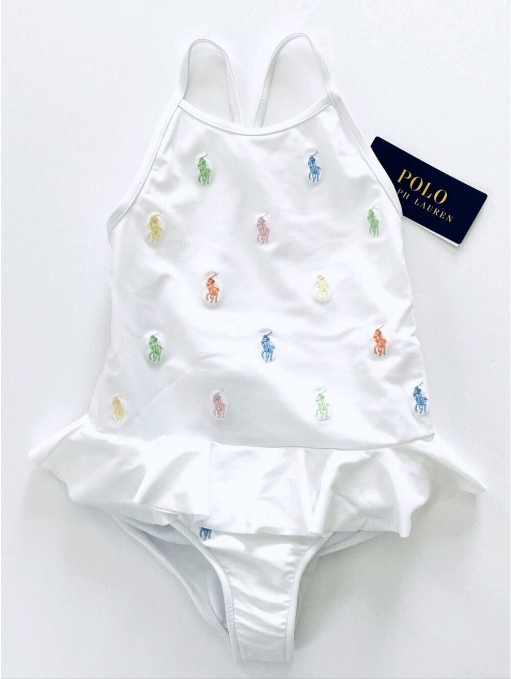 Polo Ralph Lauren NWT White One-Piece Girls Swimsuit with Multicolor Pony Logo.